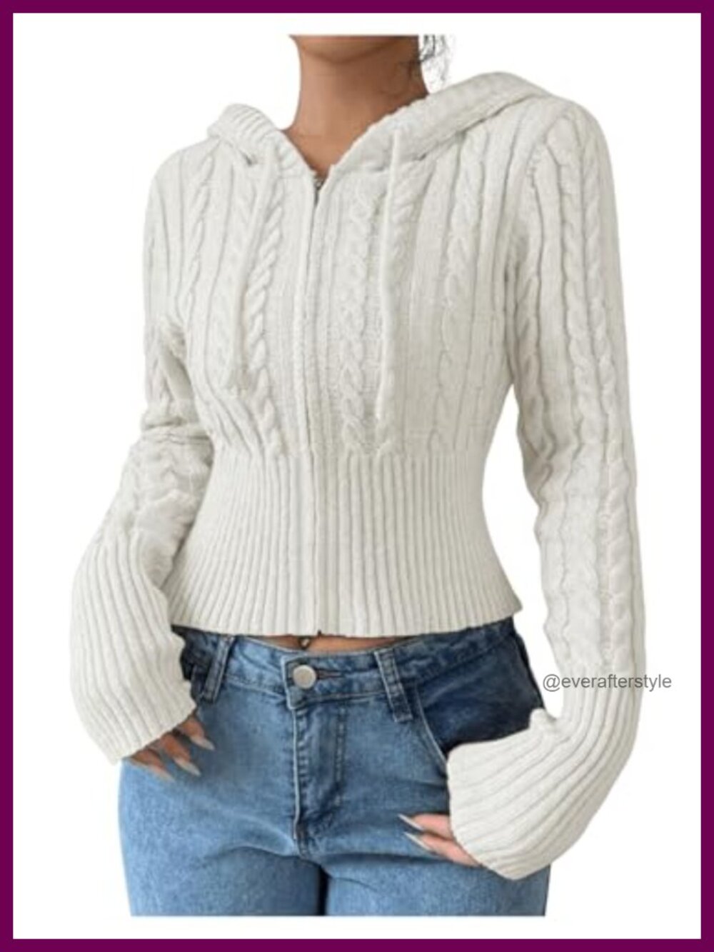 Womens Cropped Cable Knit Cardigan Zipper Drawstring Hood Long Sleeve Sweater